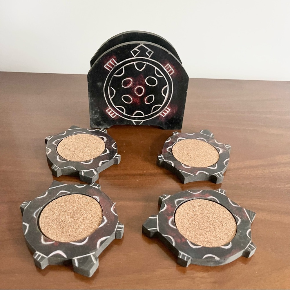 Hawaiian Sea Turtles Honu Wooden Coasters Set of Four w Etching Cork Read Notes